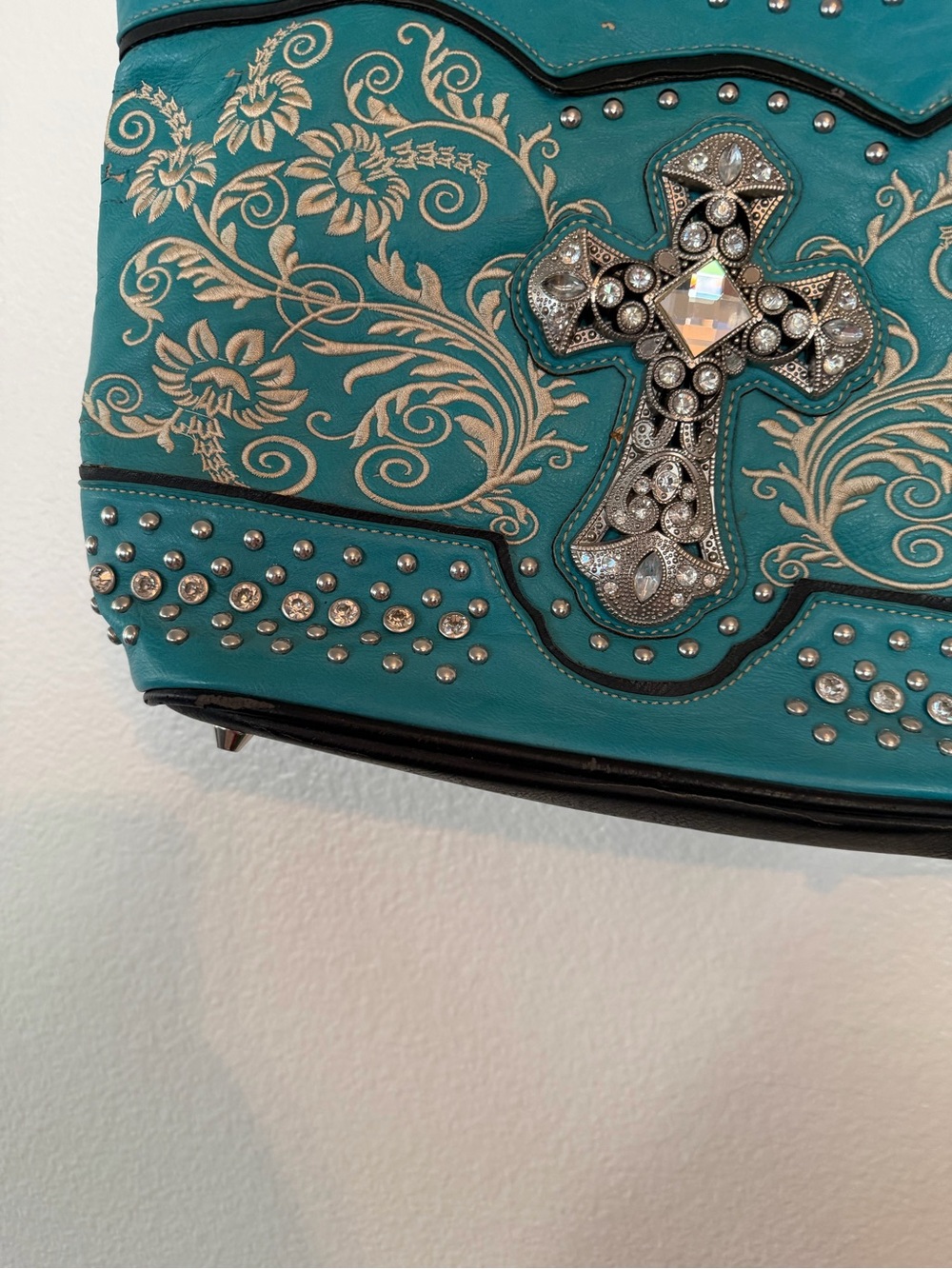 Turquoise Embroidered Shoulder Tote with Rhinestone Cross - Picture 4 of 7